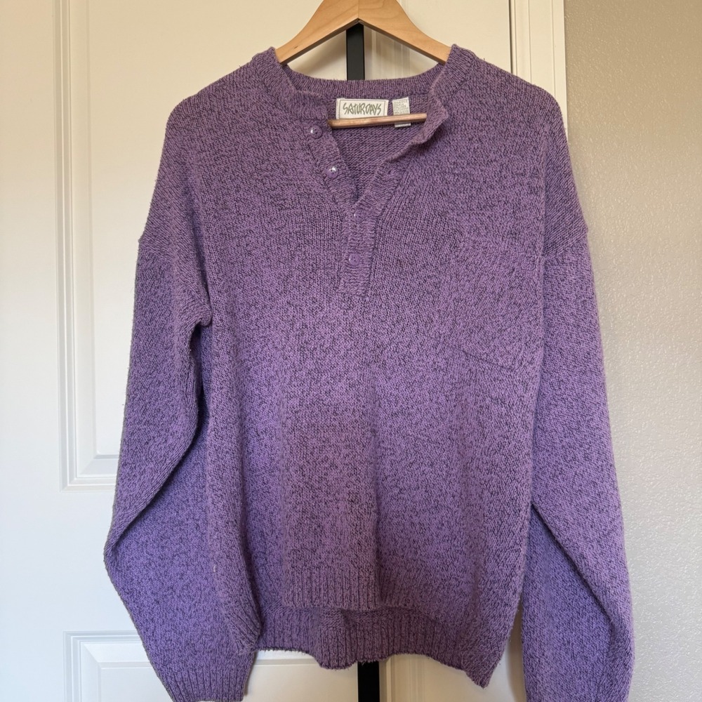 Saturdays Purple‎ Speckled Knit Henley Sweater Pullover Silk Linen blend Size L